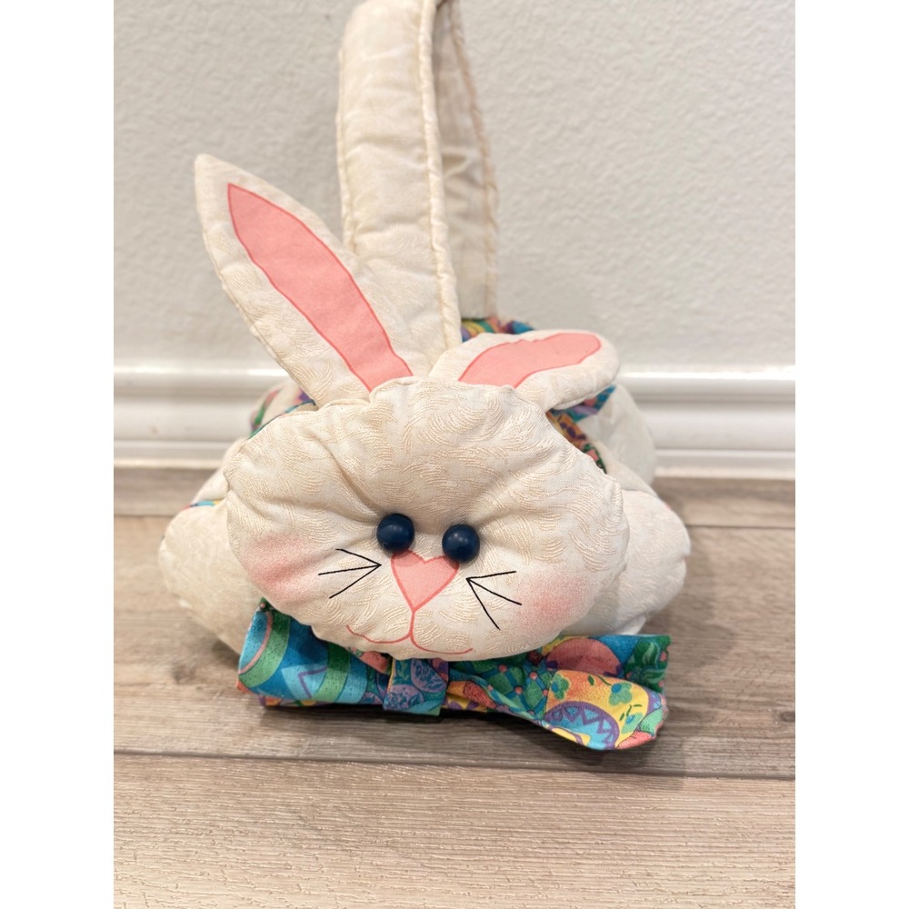 Vintage Plush Easter Bunny Basket Quilted Fabric Cream Multi Color Bow Tie